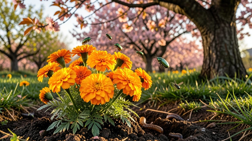 Marigolds Near Cherry Trees