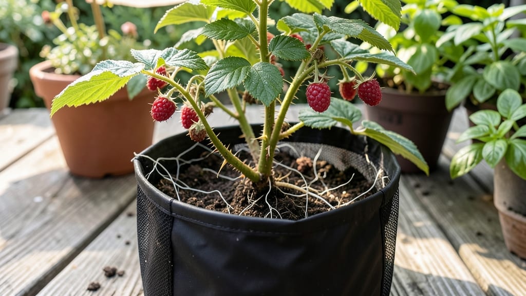 Raspberry Plants in Grow Bags