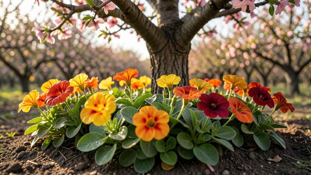 Nasturtiums Near Peach Trees